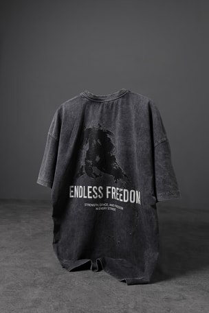 Erkek Antrasit Endless Freedom Özel Yıkamalı Kumaş Oversize Tshirt