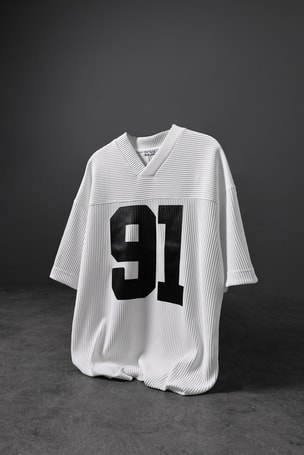 Erkek Beyaz 91 Baskılı Fitilli Oversize V Yaka Forma Tshirt