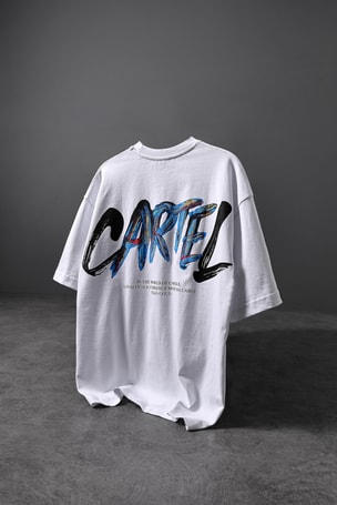 Erkek Beyaz Cartel Kabartma Baskılı Oversize Tshirt