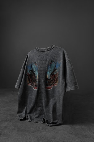 Erkek Gri Viper Özel Yıkamalı Kumaş Oversize Tshirt