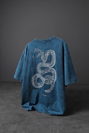 Erkek Petrol Snake Nakışlı Özel Yıkamalı Kumaş Oversize Tshirt