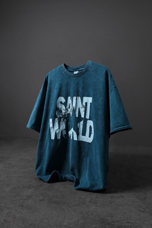 Erkek Petrol Star Özel Yıkamalı Kumaş Oversize Tshirt