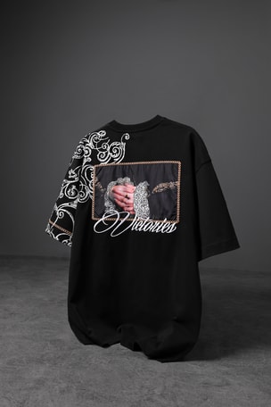 Erkek Siyah Victories Patch Nakışlı Oversize Tshirt